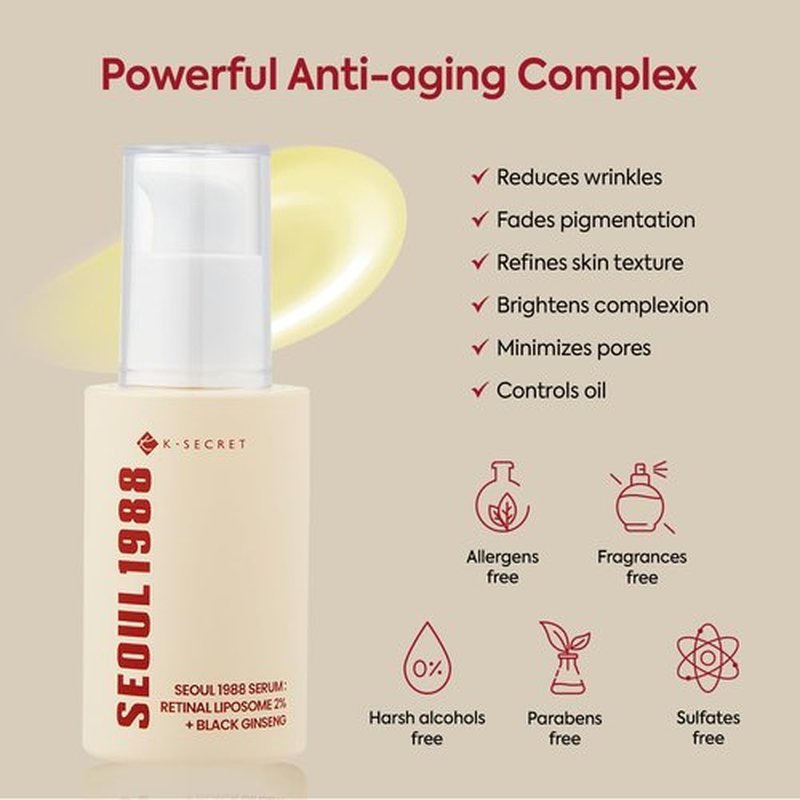 K-SECRET SEOUL 1988 Retinal Serum: Retinol Serum for Face Anti Aging Wrinkle Care - 2% Retinal Liposome Black Ginseng Niacinamide Bakuchiol Vitamin C & 3 Peptides - Korean Skincare Fragrance Free 30mL