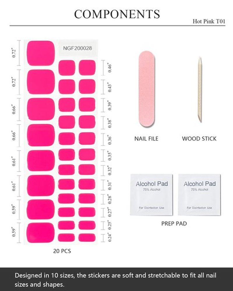 AutyaMee Semi Cured Gel Toenail Strips (Hot Pink T01), 32 Pcs Gel Pedi Stickers, Wraps, UV Light Required, Salon Quality, Long Lasting