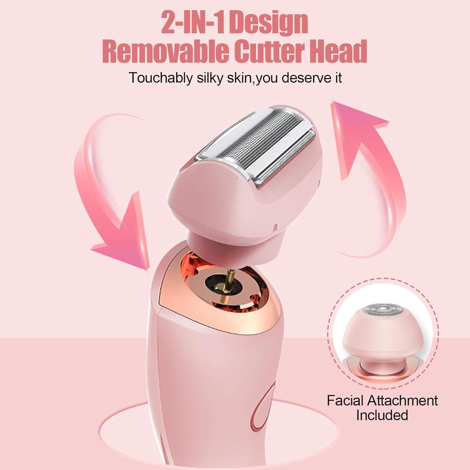 Electric Shaver for Women, Bikini Trimmer for Women, 2 in 1 Wet & Dry Painless Hair Removal with 2 Removable Heads for Bikini, Leg, Arm, Underarm, IPX7 Waterproof Rechargeable Design (Pink)