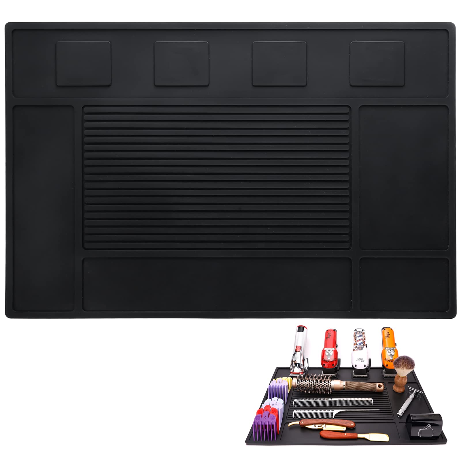 yeesport Barber Tool Organizer Mat, Flexible Silicone Barber Tool Pad, Magnetic Salon Barbershop Work Station Pad, Non-Slip Barbershop Counter Mat for Clippers Tools (Black)