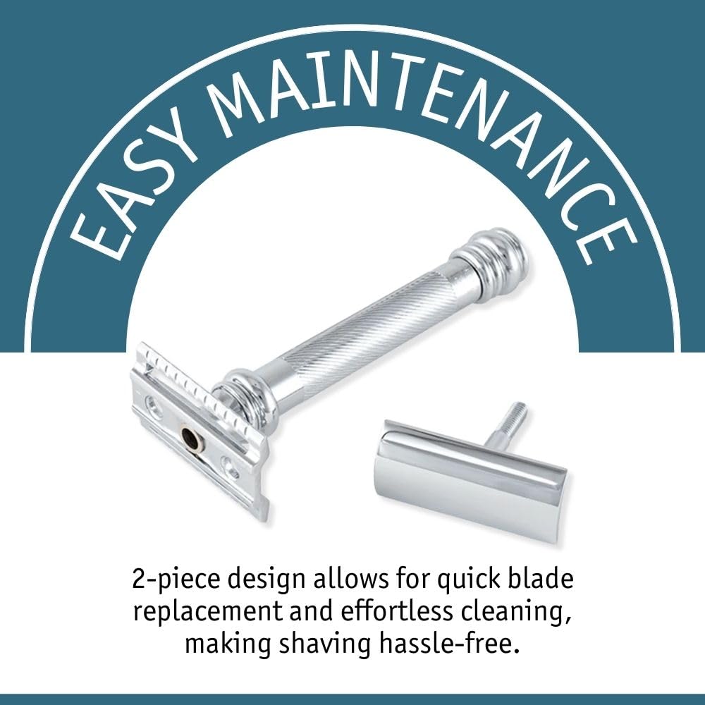 MERKUR 38C Double Edge Safety Razor - Bright Chrome, Extra Large Barber Pole Grip Brass Handle, Made in Germany, Plastic-Free, Two Piece Design, Closed Comb, Straight Bar
