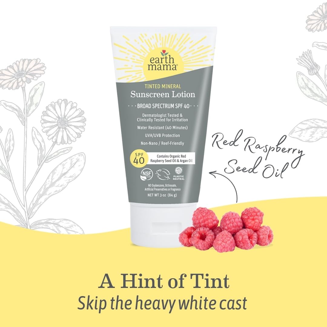 Earth Mama Tinted Mineral Sunscreen Lotion SPF 40-3 oz - Non-Nano Zinc - Broad Spectrum Tinted Sunscreen - Blends with Most Skin Tones