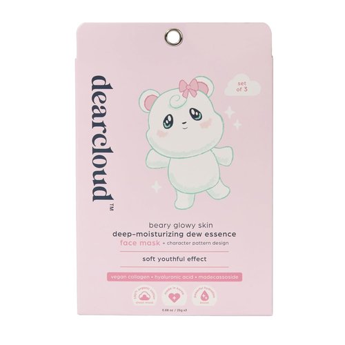 Dearcloud Beary Glowy Skin Face Mask | Deep Moisturizing Dew Essence with Vegan Collagen & Hyaluronic Acid (3 Count)
