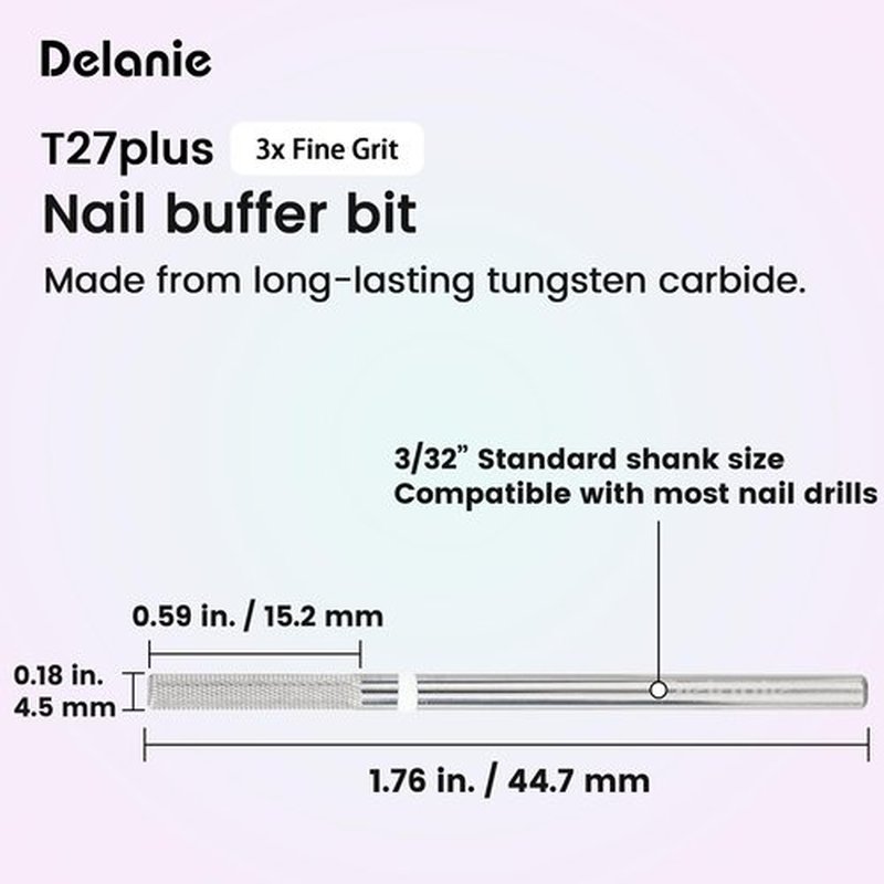Delanie Carbide Nail Buffer Bit for Nail Drill Professional Nail Tech, R-Cut Head Mini Slender Barrel Bit for Preparing Nail Surface and Cuticle Work, 3/32", 3X Fine Grit