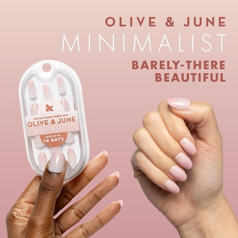 Olive & June Mani Minimalist Instant Press-On Nails | (Glue) Extra Short, Squoval 42 Fake Nails, 21 Sizes | Non-Toxic, Long-Lasting Barely-There Look | Salon-Quality at Home | Taupe Jelly Chrome