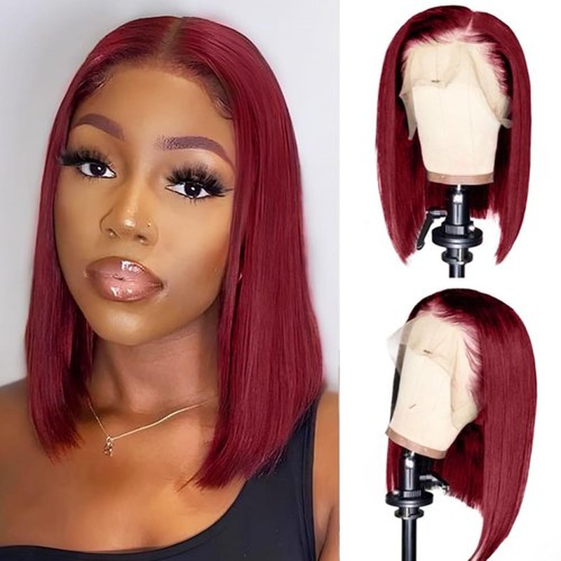 CFY Bob Wig Human Hair 13x6 HD Lace Frontal Short Straight 8 Inch Lace Front Bob Wigs Human Hair Pre Plucked Glueless 200% Density Wine Red 99J Burgundy Color
