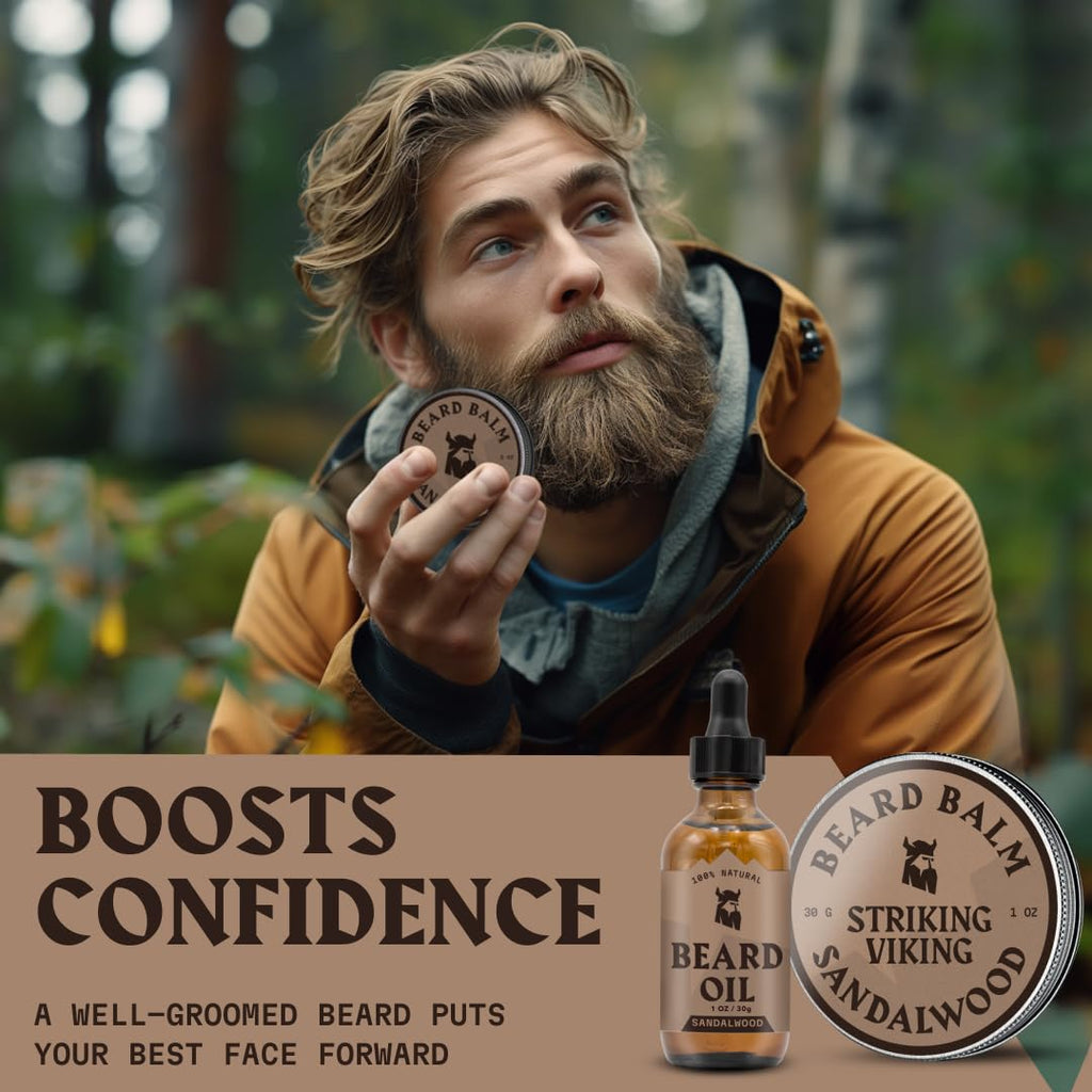 Striking Viking Beard Oil and Balm Set - Dual Use Leave in Beard Conditioner Tames, Styles, Softens, and Moisturizes Beards and Mustache - Made with Natural and Organic Argan and Jojobo Oils