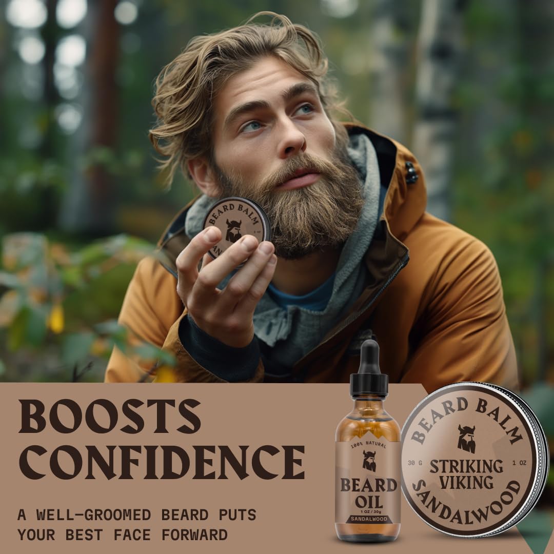 Striking Viking Beard Oil and Balm Set - Dual Use Leave in Beard Conditioner Tames, Styles, Softens, and Moisturizes Beards and Mustache - Made with Natural and Organic Argan and Jojobo Oils