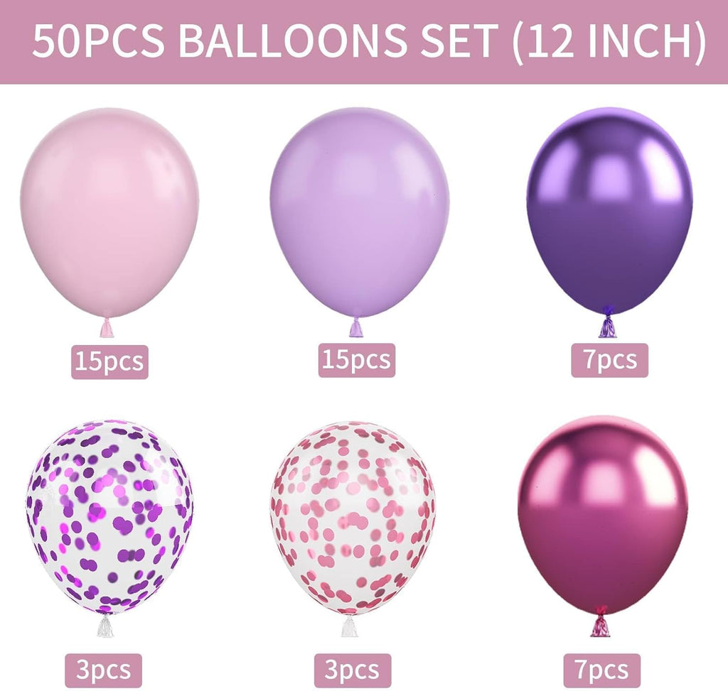 50PCS Metallic Purple & Pink Latex Balloons - 12 Inch Confetti Balloons for Birthday & Wedding Decor | Skiennix