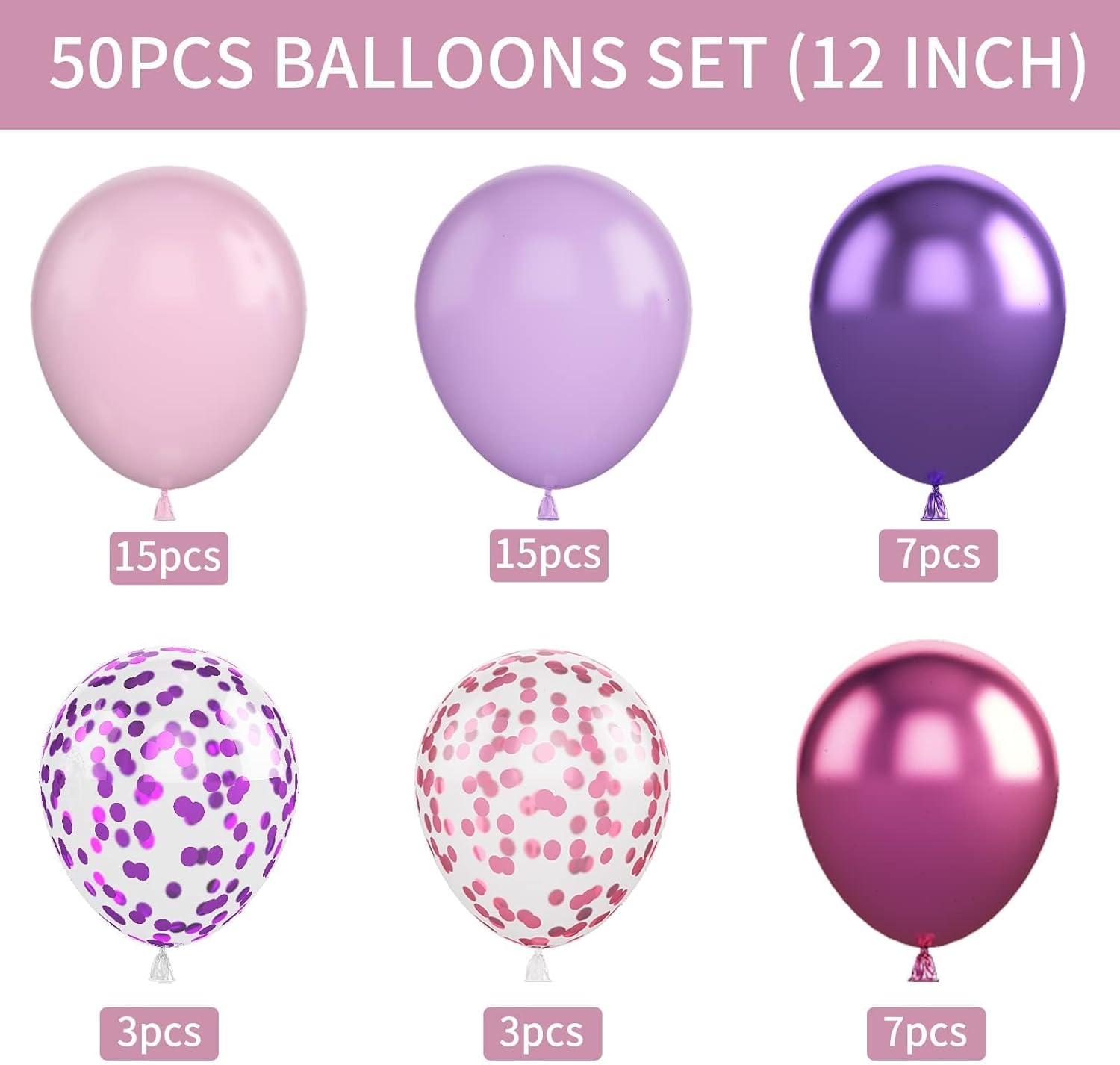 50PCS Metallic Purple & Pink Latex Balloons - 12 Inch Confetti Balloons for Birthday & Wedding Decor | Skiennix