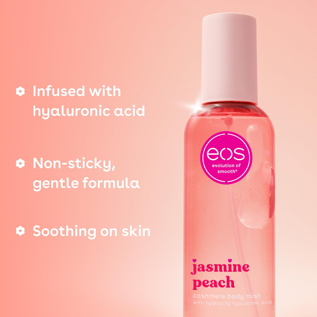 eos Cashmere Body Mist, Jasmine Peach, Body Spray for Women, Hair Mist, Floral Perfume, Moisturizing, Hyaluronic Acid, Glycerin, Vegan, Cruelty-free, 6 fl oz
