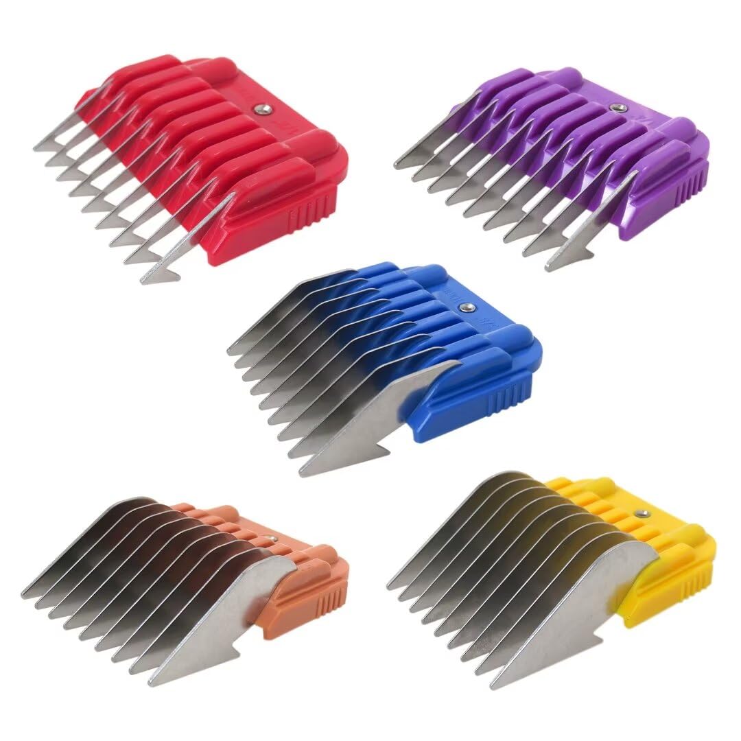 GruDawu Animal Stainless Steel 5 Color Guide Comb Set for 10#/15#/30#Detachable Blade,for Andis, for Oster A5, for Wahl KM Series Guards Clipper(Cutting Length 3mm-16mm)