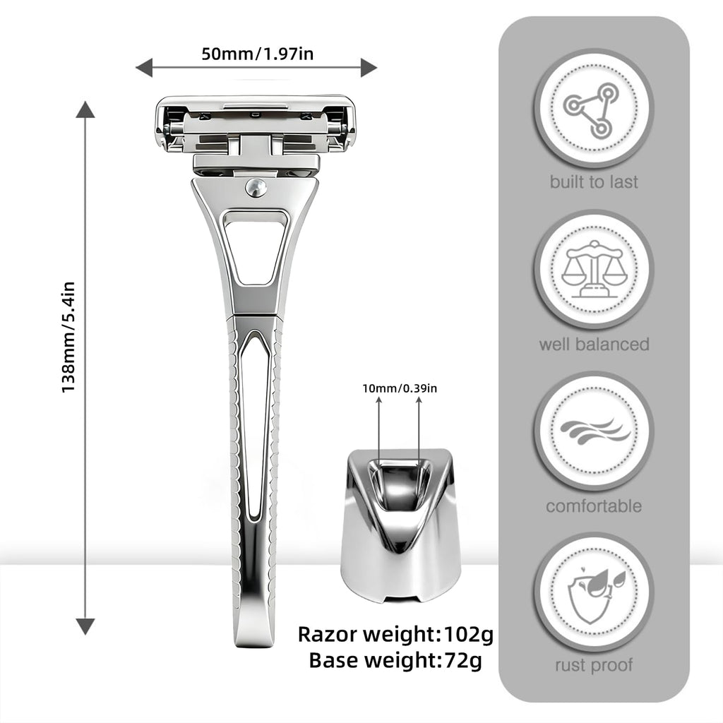 4-Layer Half-Blade Safety Razor- Flexible Head & Alloy Handle, with 10 Coated Blades, Leather Travel Case & Metal Stand - For Face and Body Shaving (Black)