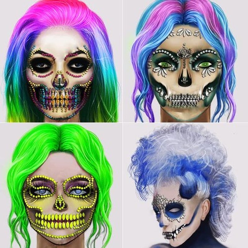 Cosplay Face Tattoos, Day of the Death Skull Temporary Face Gems Jewels Tattoos, Rhinestone Ghost Bride Jade Face Jewels Tattoo Stickers
