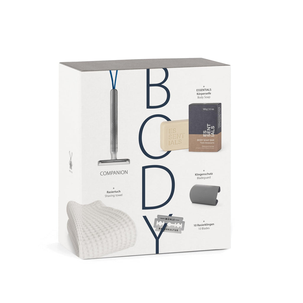 MÜHLE Gift Set Body: Companion Unisex Safety Razor Shaving Set | Shave Gift Set Including Body soap bar, Blade Guard, Razor Blade 10-Pack and Cotton Shave Towel