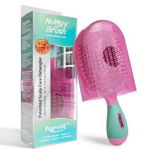 NuWay 4Hair® TravelC® U.S. Patented Single-Curve Scalp Care Brush with Protective Travel Case – Premium Portable Hair Health Tool with Heat-Resistant BrainyBristles™ – Wet & Dry Use