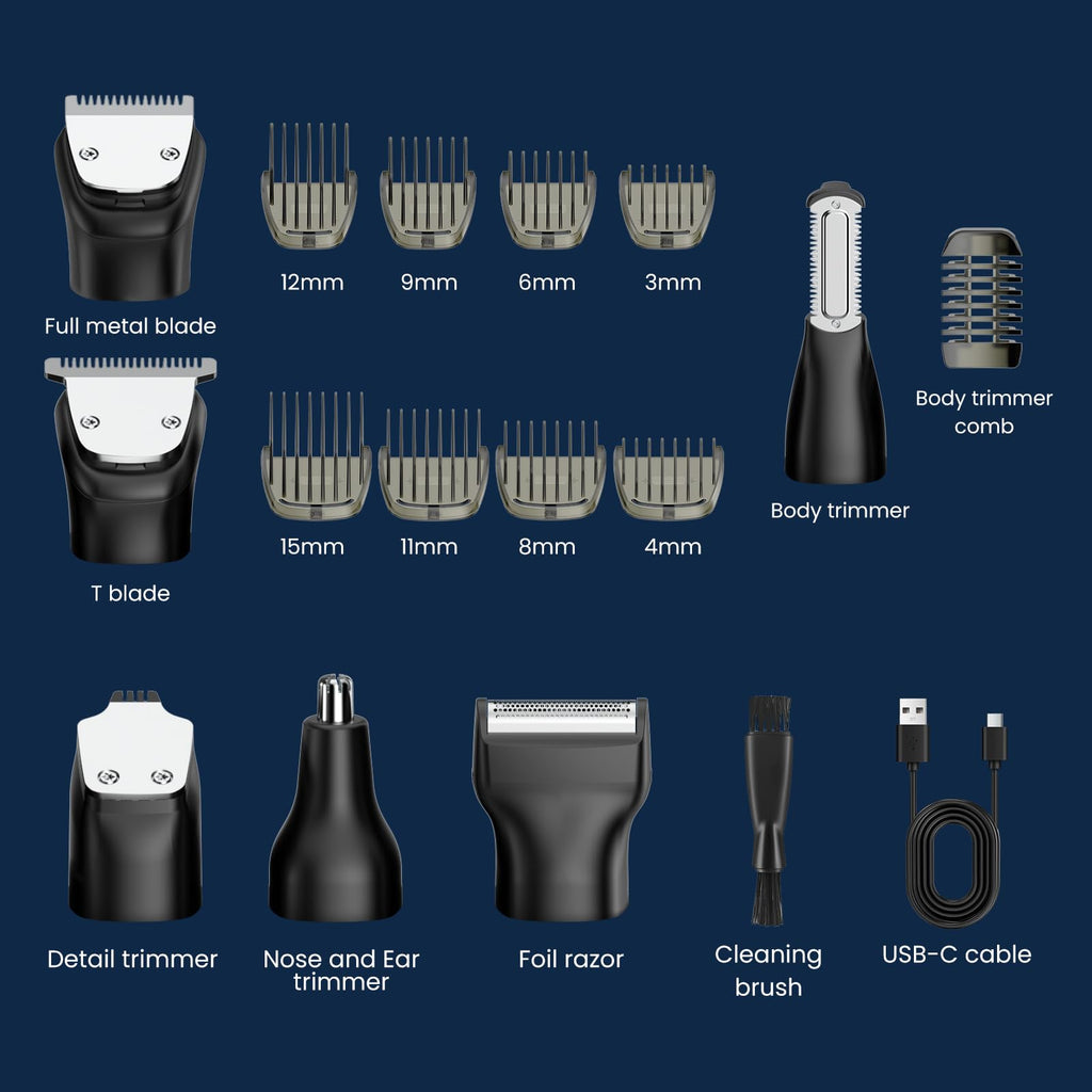 MAXGROOM 6 in 1 Beard Trimmer for Men, Waterproof Cordless Electric Razor Shaver, Men's Grooming Kit for Mustache, Hair, Face, Nose and Body, USB Recharge Dock - Silver