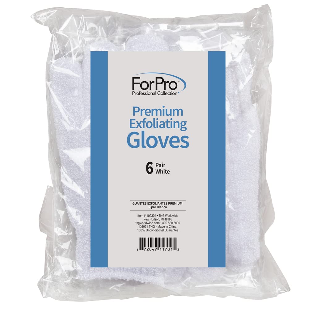 ForPro Professional Collection Premium Exfoliating Gloves for Cosmetic Application and Product Removal, One Size Fits Most, White, 6 Pairs