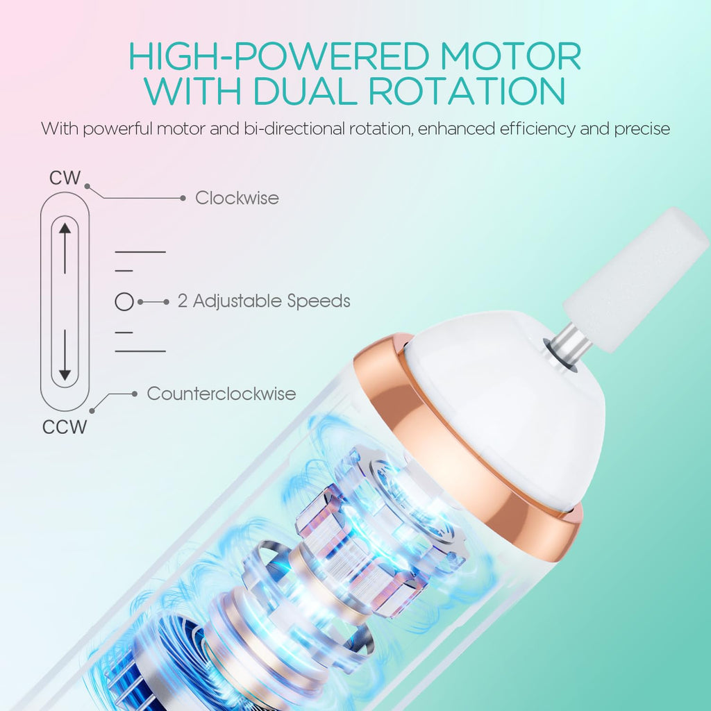 VOGOE Electric Nail Drill, Cordless Nail File Machine Kit 2 Directions & Speeds for Acrylic, Gel Nails, Rechargeable with LED & 6 Nail Drill Bits for Professional Manicure and Pedicure,Gold ND310