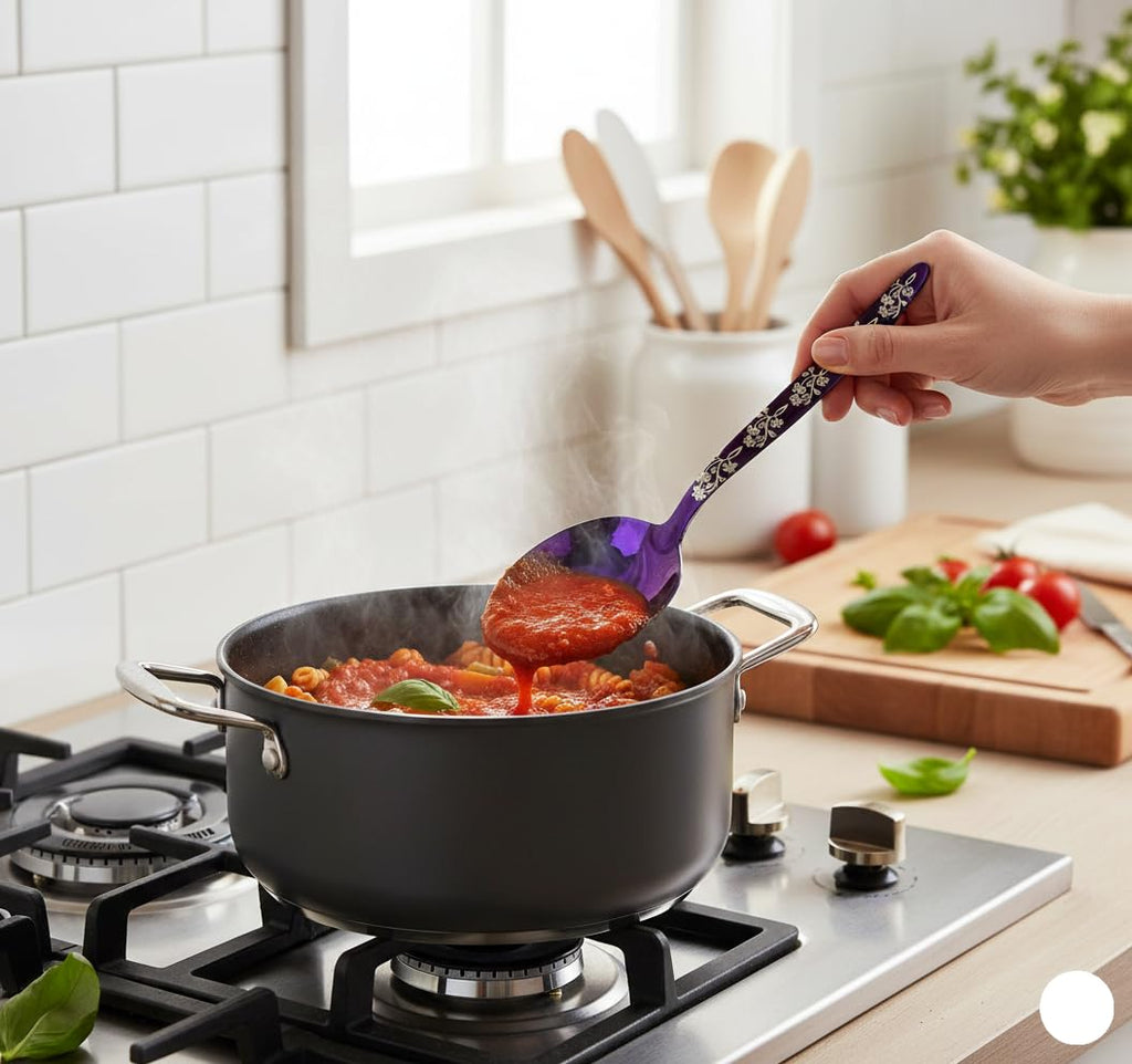 BNAZIND Chef Kunz Spoon Purple | Silverware 18/10 Stainless Steel Silver Cooking Serving Spoon | 9 Inch Saucing, Plating, Basting, Quenelle, Daily Chef Spoons | Dishwasher safe