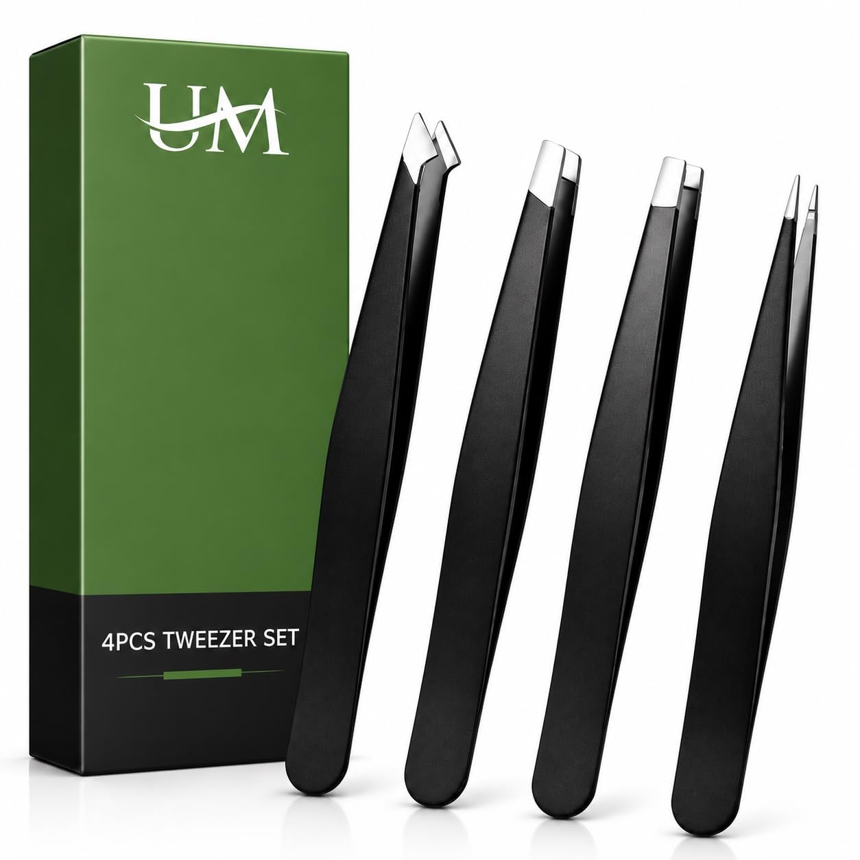 UM Supplies Tweezers Set 4 in 1 Pack l Professional Stainless Steel Tweezers for Eyebrows l Great Precision for Facial Hair, Splinter and Ingrown Hair Removal (Black)