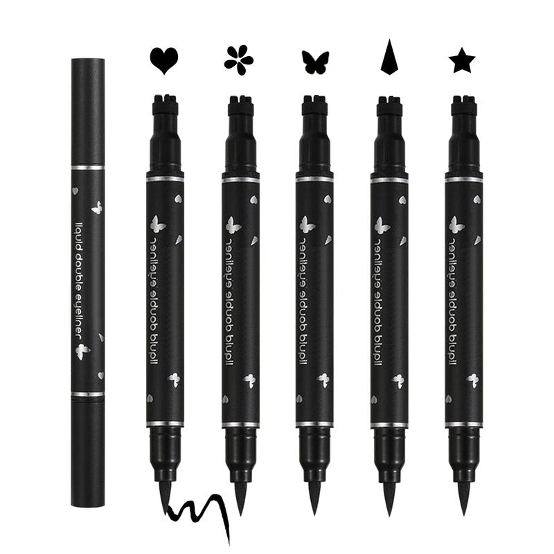 XINGXYUEL 5PCS Liquid Winged Eyeliner Stamp Pen Set - Double-headed Black Eye Liner Pencil - Long-lasting Waterproof Stamp Eyeliner Set for Eye Makeup - Star, Heart, Flower, Butterfly, Triangle