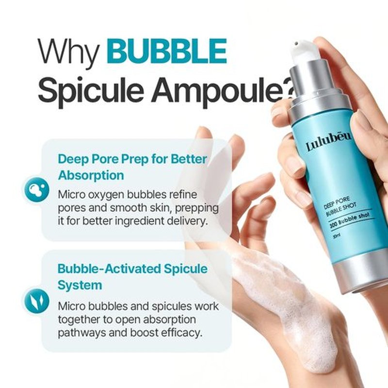 LULUBEU Deep Pore Bubble Shot Ampoule, K-Beauty Deep Pore Prep Serum with Crystal Spicule, PDRN & Azulene, 300-Shot Spicule System for Smoother, Clear-Looking Skin