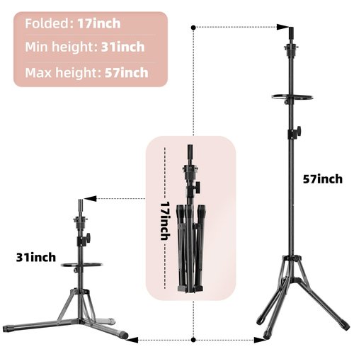 EBLIKI Wig Head Stand Tripod - Reinforced Mannequin Stand, Adjustable Height 31" - 57" Wig Stand for Styling, Cosmetology Hairdressing Training with Wig Caps, T-Pins Hair Clips