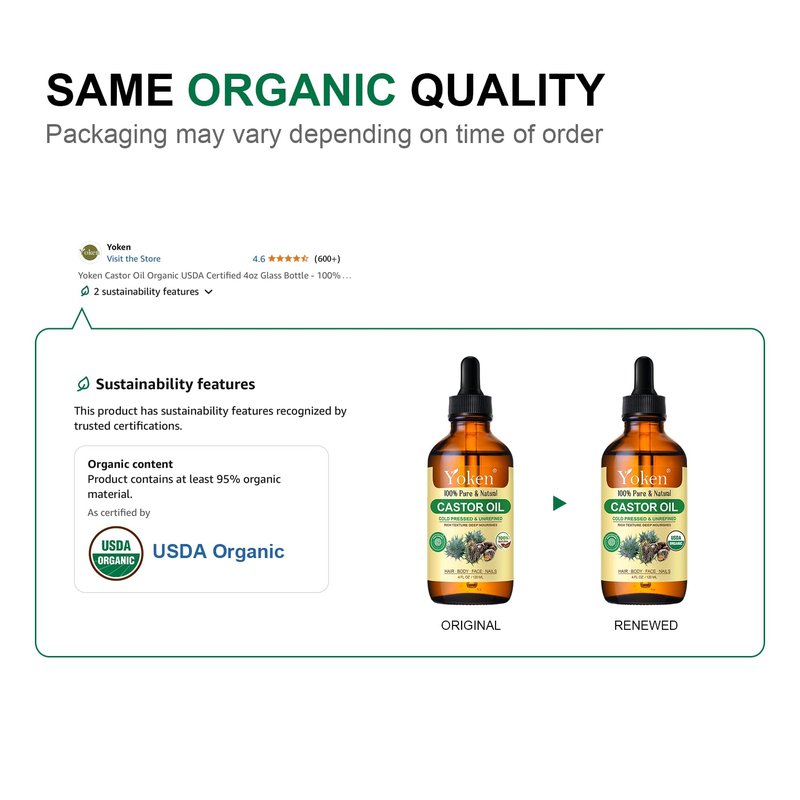 Yoken Castor Oil USDA & EWG Verified 4oz Glass Bottle - 100% Pure, Cold Pressed, Hexane Free, Virgin Caster Oils for Face, Eyelash, Eyebrow, Hair - with Lash Starter Kit & Empty Roller Ball Bottle