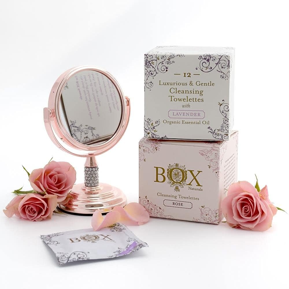 BOX Naturals Cleansing Towelettes Organic Essential Oils Biodegradable (Rose) 12 Pack For Face and Body - Wet Wipes