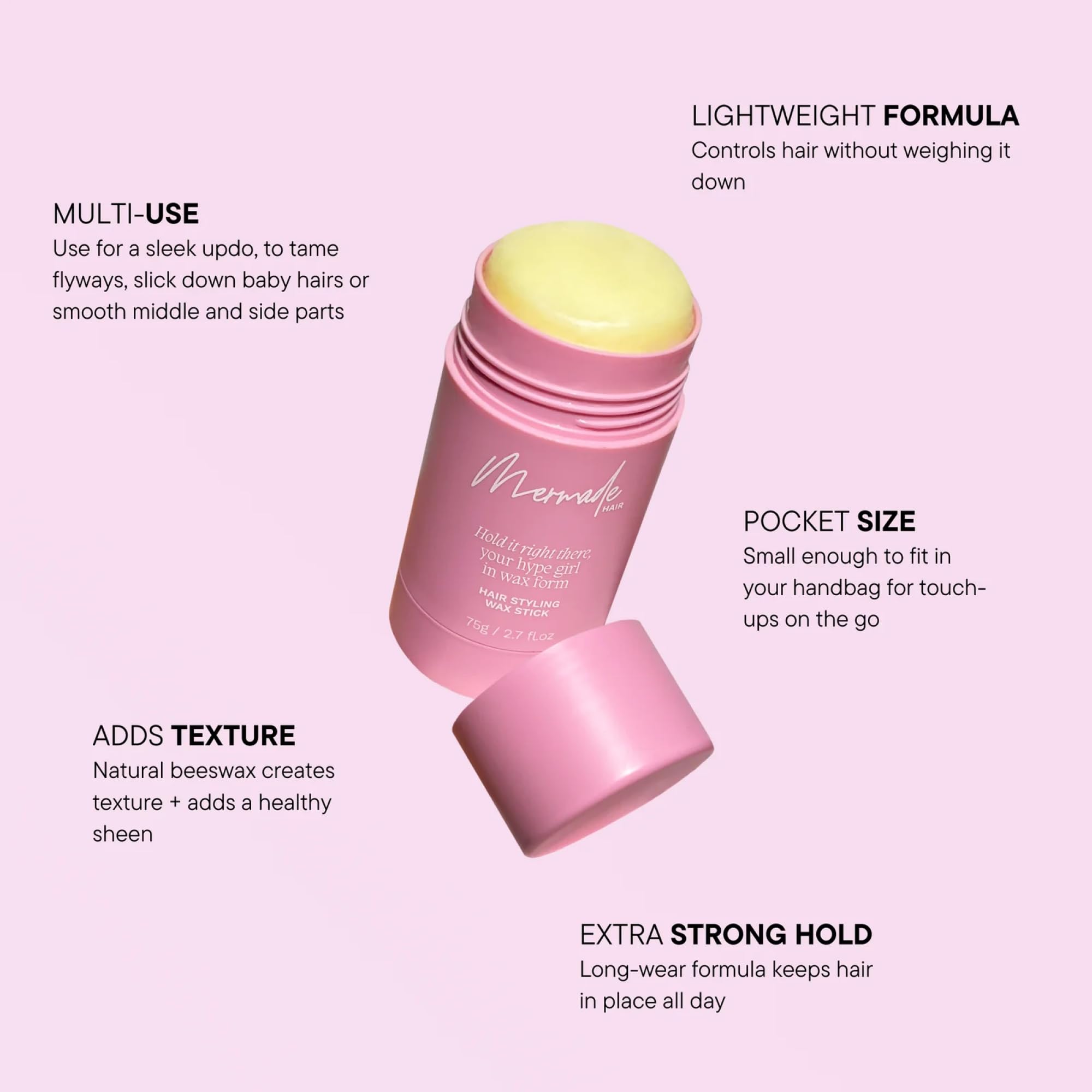 Mermade Hair Styling Wax Stick - Hair Wax Stick, Fly Away Stick for Hair, Slick Back Stick for Flyaways, Smoothing for Frizz, Long Lasting Hold - Pink (Pack of 1)