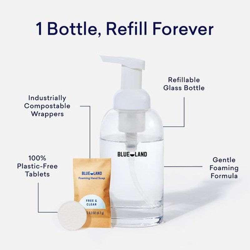 BLUELAND Hand Soap Duo - 2 Refillable Glass Dispensers with 8 Scented Refill Tablets | 8 x 9 Fl Oz