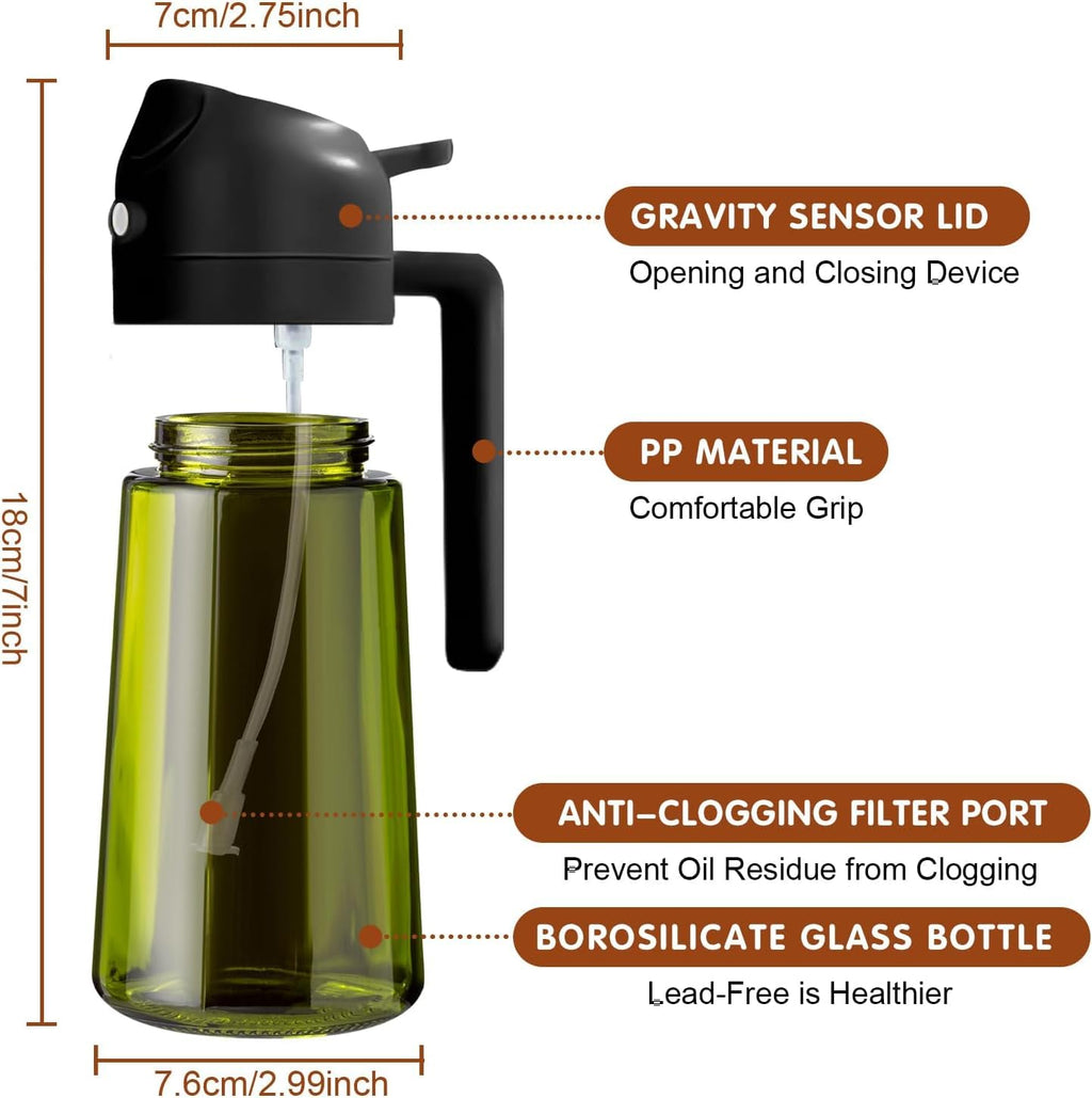 XBllcyiv 16oz/470ml Glass Olive Oil Sprayer for Cooking - 2 in 1 Olive Oil Dispenser for Kitchen Gadgets, Air Fryer, Salad, and BBQ (black)