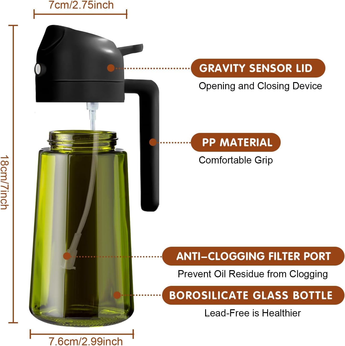 XBllcyiv 16oz/470ml Glass Olive Oil Sprayer for Cooking - 2 in 1 Olive Oil Dispenser for Kitchen Gadgets, Air Fryer, Salad, and BBQ (black)