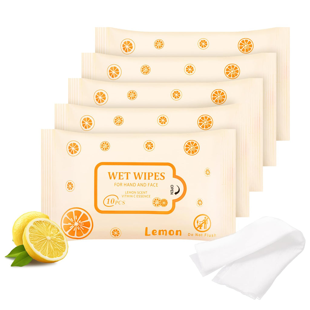 SLequipo Pack of 10 Face Hand Wipes, 100 wipes, Lemon Travel Wipes Bulk for Butt, Hands, Face Cleaning, Daily Use (10 Wipes Per Pack)