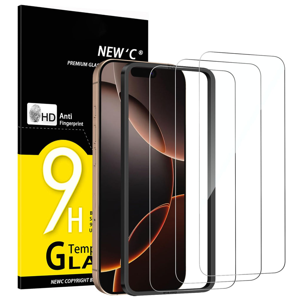 NEW'C 3 Pack Designed for iPhone 16 Pro, iPhone 17, 17 Pro Screen Protector (6.3 inches), Enhanced Tempered Glass Protection with easy installation tool included, Case Friendly