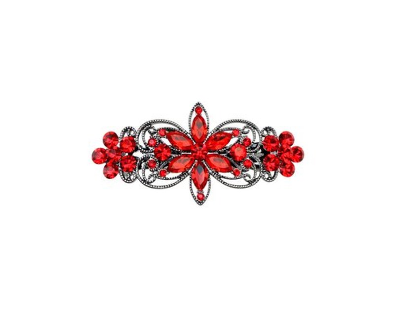 Faship Red Rhinestone Crystal Gun Metal Plated Flora Hair Barrette Clip