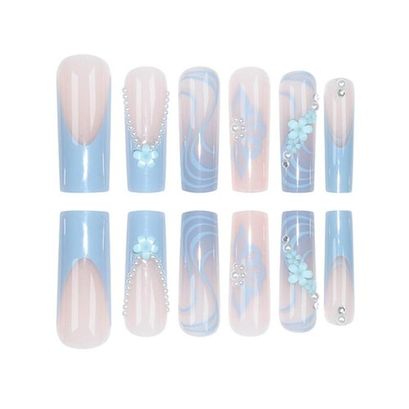 DANMANR Fake Nails Blue Long Press on Coffin Nails Full Cover Acrylic Pearl Fake French Nails for Women and Girls 24PCS