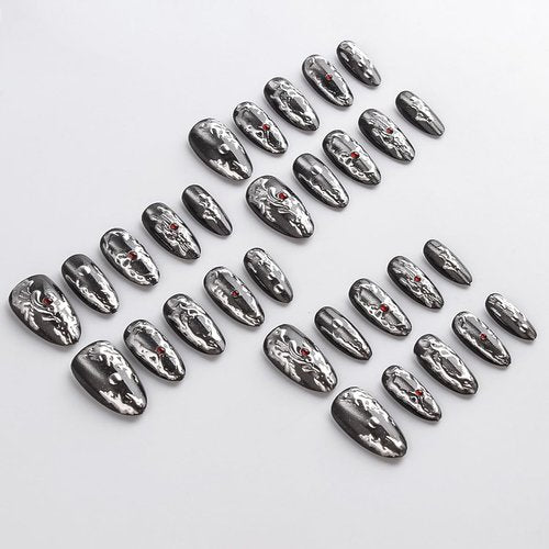 Gothic Metal Press on Nails Medium Almond Fake Nails Black Nails Press ons with Sivler Chrome Design Full Cover Stick on Nails for Women Manicure,Reusable | Nail Sticky Tabs | Easy Apply | 30Pcs