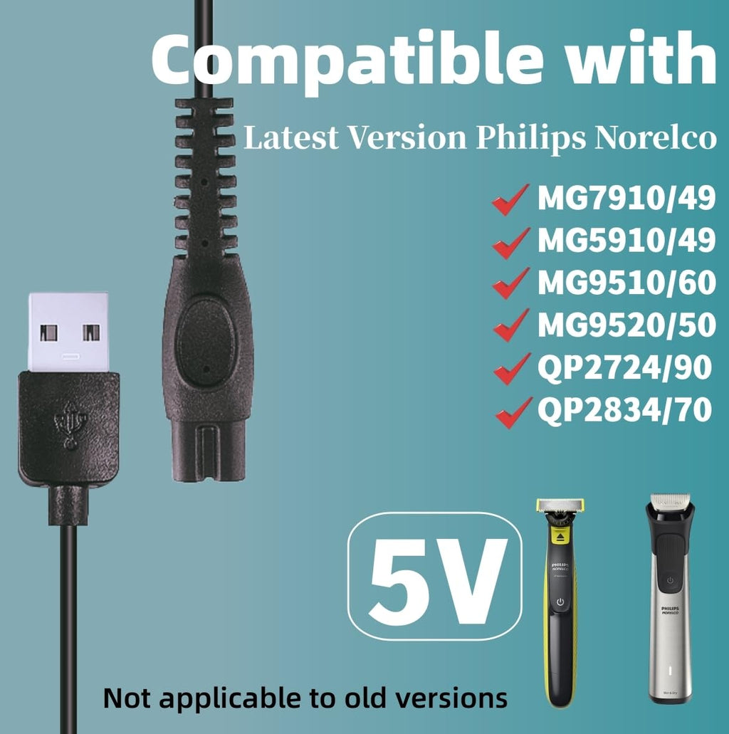 Qjin USB-A Charging Cable for Philips Norelco 2400, 3600 & MG5910 MG7910 MG7975 MG9510 MG9522 MG9575 - OneBlade QP1424 QP2724 QP2834 QP4530 QP6542 Trimmer & Shaver - 5V USB Charger Cord - 2 Pcs