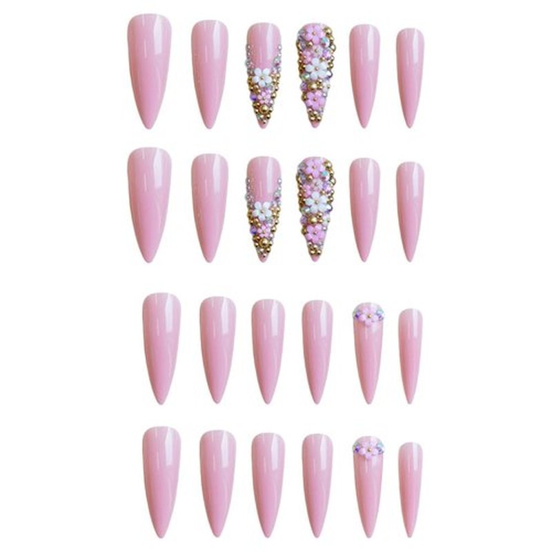 IMRAIN Long Press on Nails Stiletto Pink Fake Nails Rhinestone & Flower Designs Glossy Glue on Acrylic Nails Full Cover Luxury Bling Handmade Stick on False Nails for Women 24Pcs