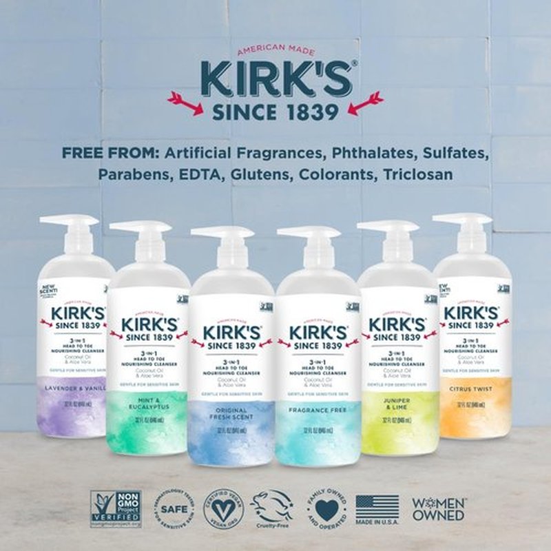 Kirk's 3-in-1 Head to Toe Nourishing Liquid Cleanser- for Men, Women & Children - Premium Coconut Oil & Aloe Vera- Non GMO & Vegan - Lavender and Vanilla - 32 Fl Oz. - 2 Pack