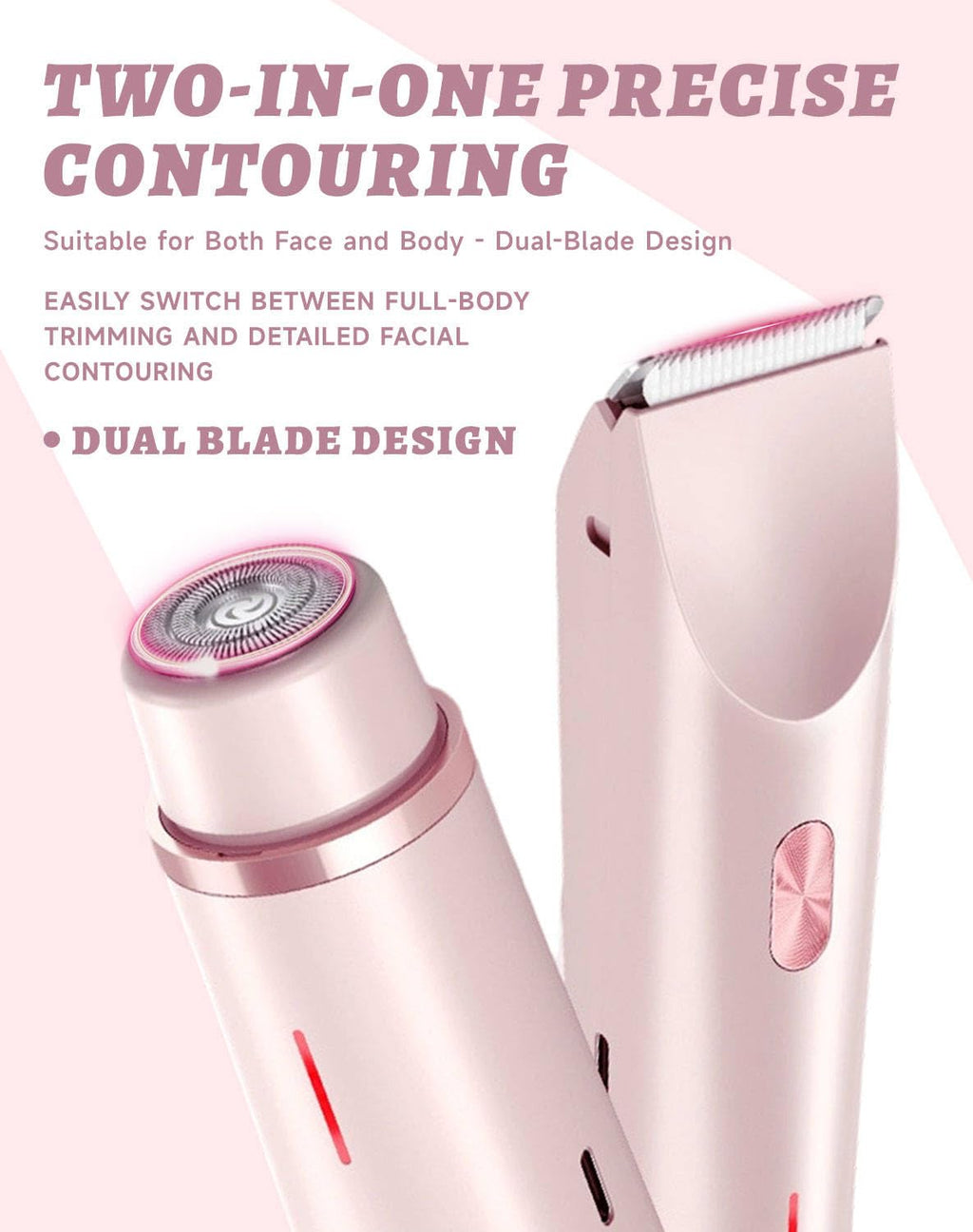 Dermavel Trimmer 2.0 Women, Ergonomic 2-in-1 Body & Facial Hair Trimmer, Luxury Skin Gentle Electric Razor, Waterproof Rechargeable Grooming Shaver for Smooth, Effortless Results, Skin Care (Pink)