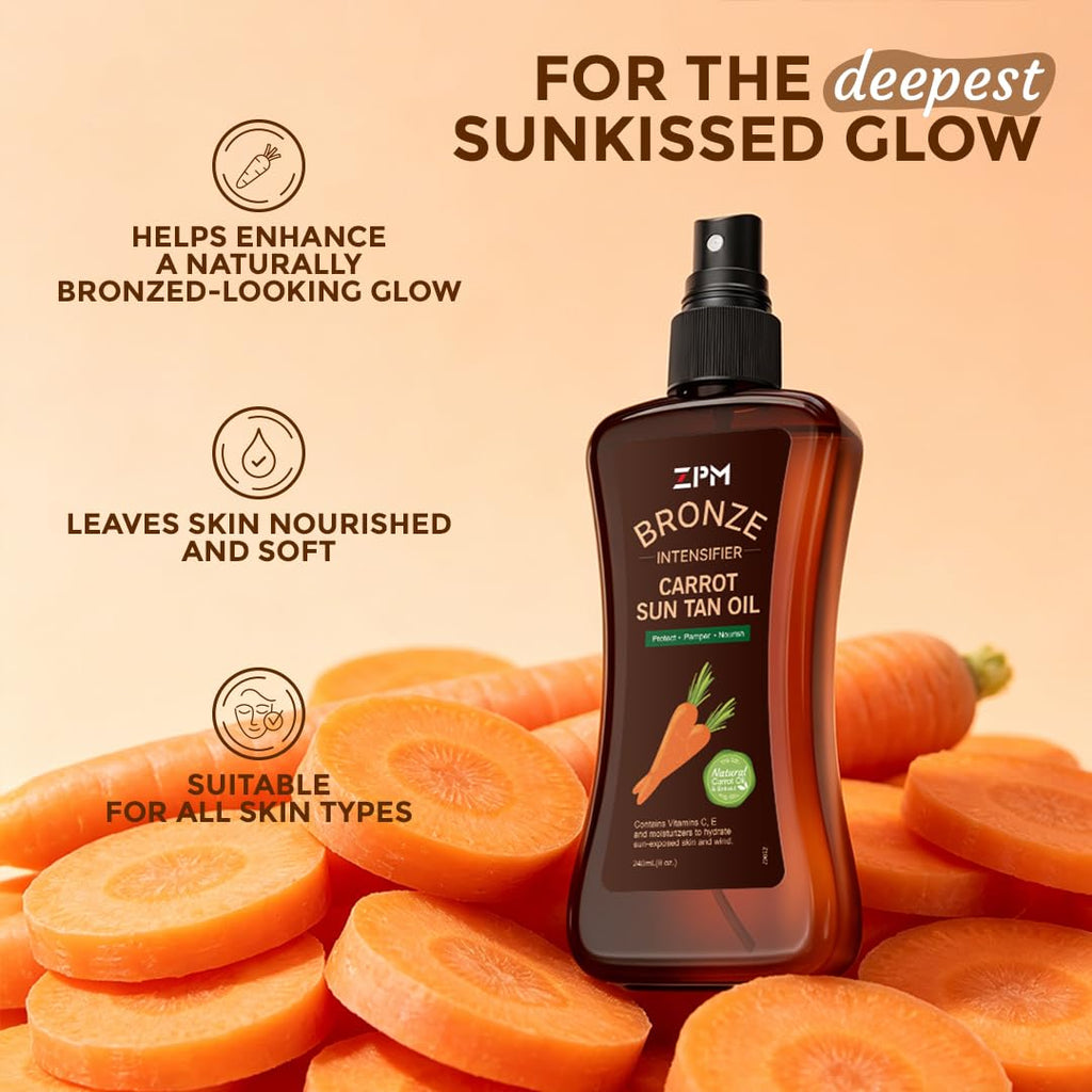 Carrot Sun Tanning Oil Spray for Outdoor Sun, Tan intensifier for Medium Deep with Narural Moisturizing Oils to Keep Skin Hydrated, Moisturizing Body Oil, Vegan and Cruelty-Free, SPF 0, 8oz