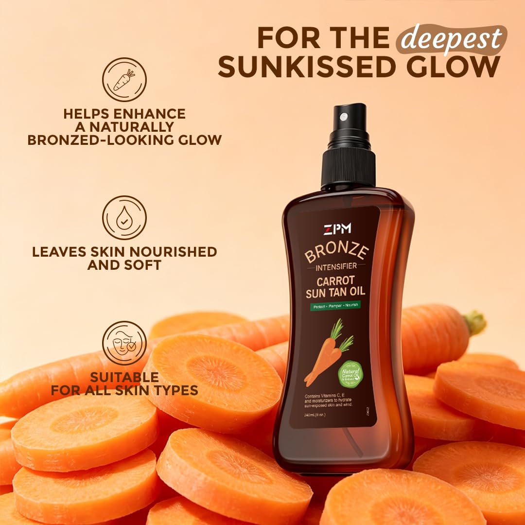 Carrot Sun Tanning Oil Spray for Outdoor Sun, Tan intensifier for Medium Deep with Narural Moisturizing Oils to Keep Skin Hydrated, Moisturizing Body Oil, Vegan and Cruelty-Free, SPF 0, 8oz