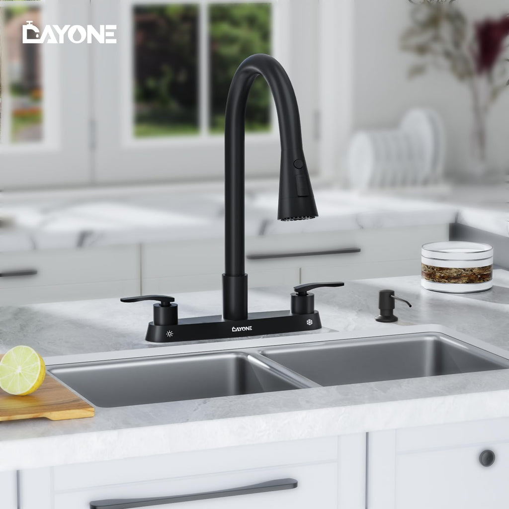 DAYONE Black 2 Handle Kitchen Faucet with Sprayer, 4 Holes Pull Down Faucets for Kitchen Sink with Soap Dispenser Stainless Steel