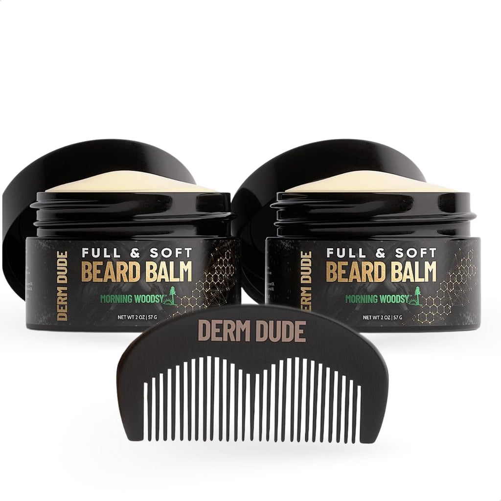 Derm Dude Full and Soft Beard Balm, Styles and Strengthens Beard, Promotes Fuller Beard, Moisturizes and Soothes Beard, and Free Beard Comb, Morning Woodsy Scent, 2 Fl Oz, 2 Pack