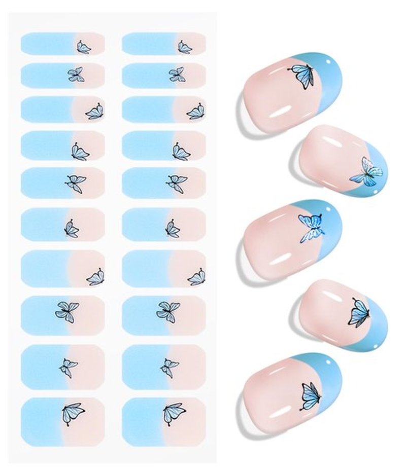 JMEOWIO Gel Nail Stickers Blue Butterfly French Tip Semi Cured Gel Nail Strips Wraps UV/LED Supplies Nails Art Design Decoration Accessories