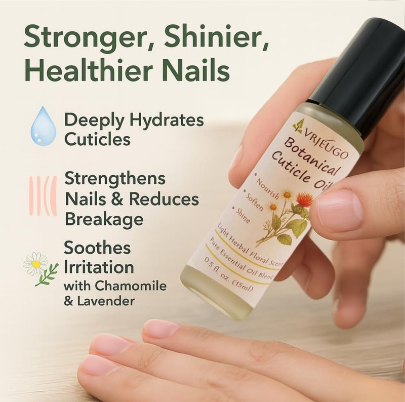 VRJEUGO Cuticle Oil Roll-On for Nails & Cuticles – 100% Natural Nourishing Formula with Chamomile, Lavender & Lemon Balm – Moisturizes Dry Skin, Strengthens Nails – Mess-Free, Fast-Absorbing – 15ml