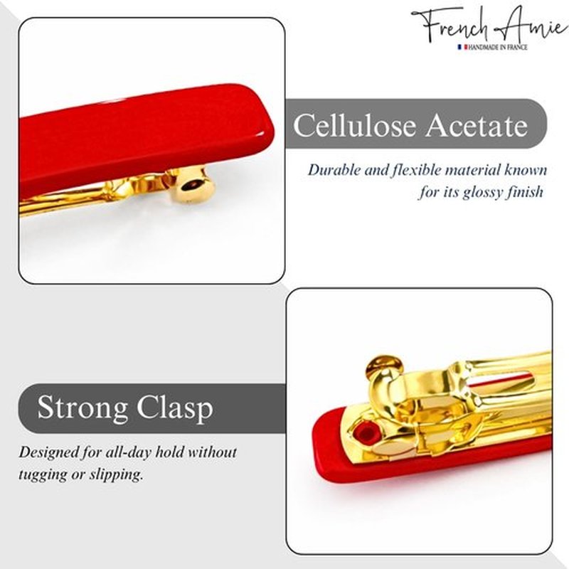 French Amie Rectangular Handmade Small Hair Barrette 2 1/4 Inch with Metal Clasp, Cellulose Acetate Hair Clip Grip for Women & Girls, Strong Hold for Fine Hair, Bangs, and Half-Up Styling (Red)